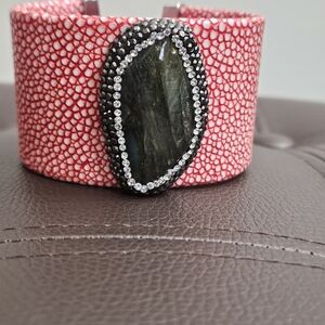 Sandra Ling. Elegant Red Leather  and Black Stone Cuff Bracelet